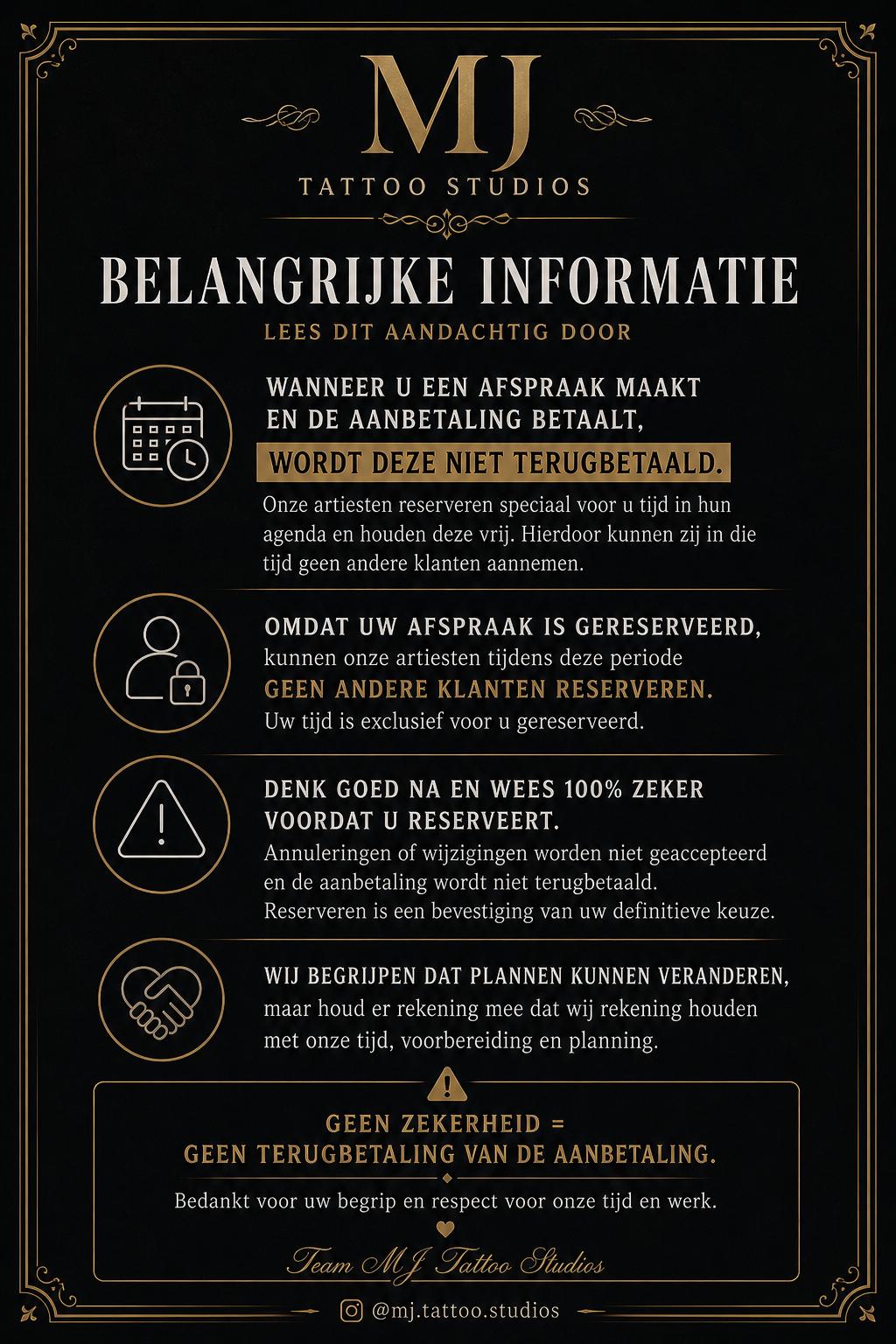 MJ Tattoo Studios — Belangrijke informatie over aanbetaling
